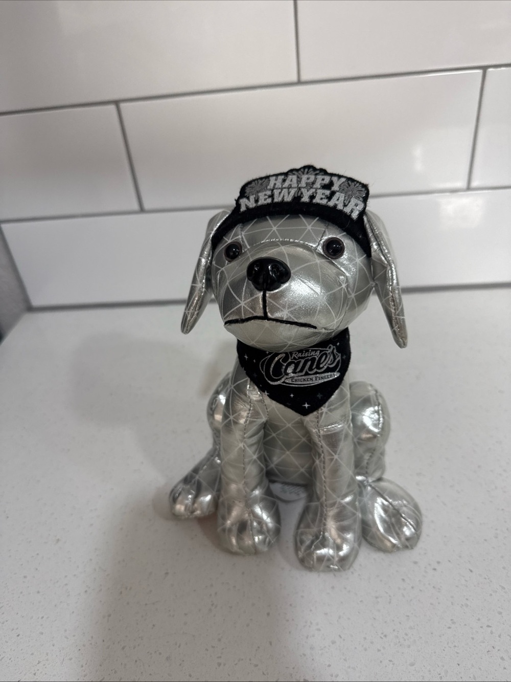 Raising canes Silver Plush Celebration Dog Stuffed Animal - 'Happy New Year' Hat